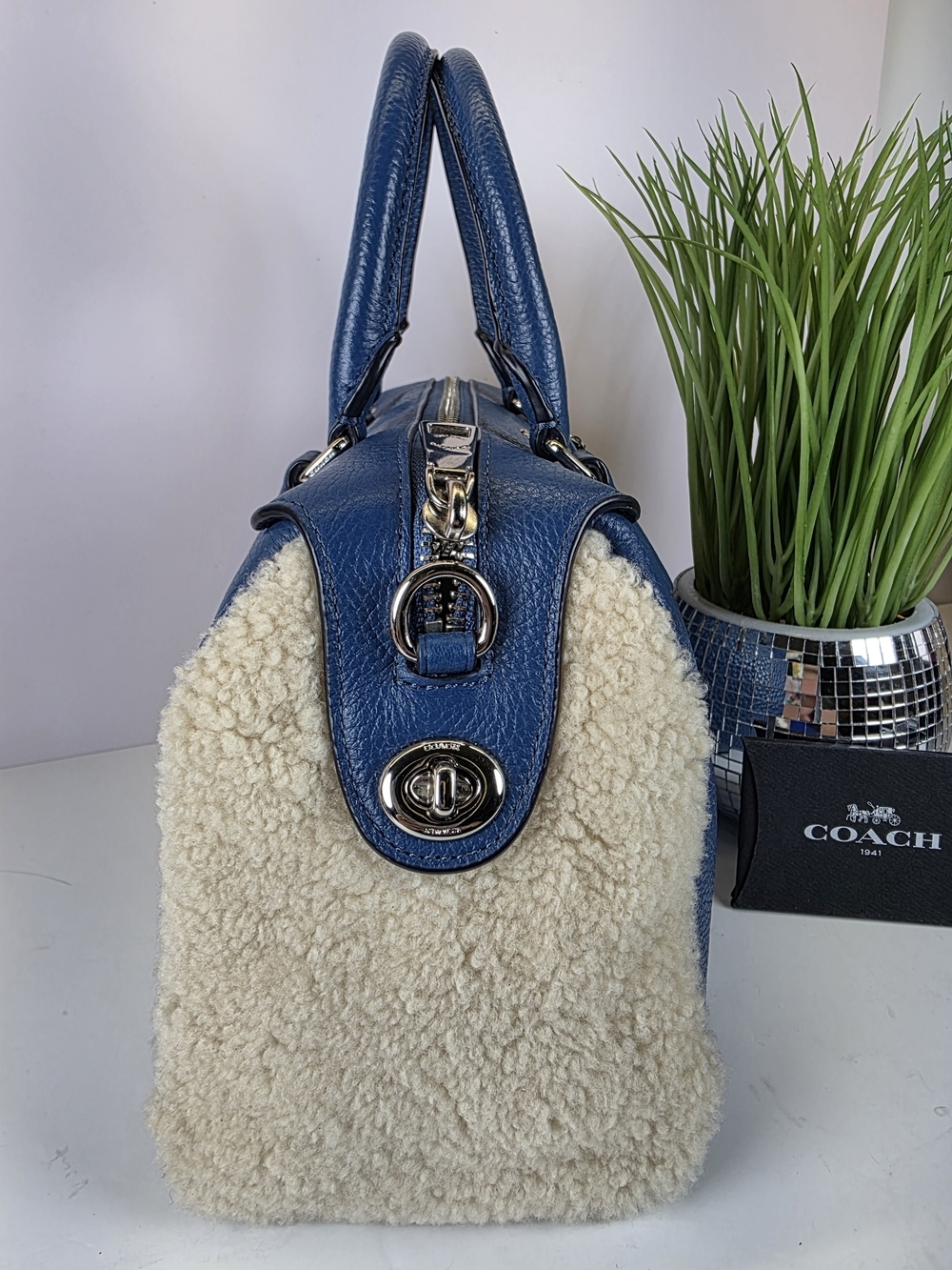 Coach Bennett Shearling Blue Pebble Leather Satchel Hand Crossbody Bag Sherpa - Picture 12 of 13
